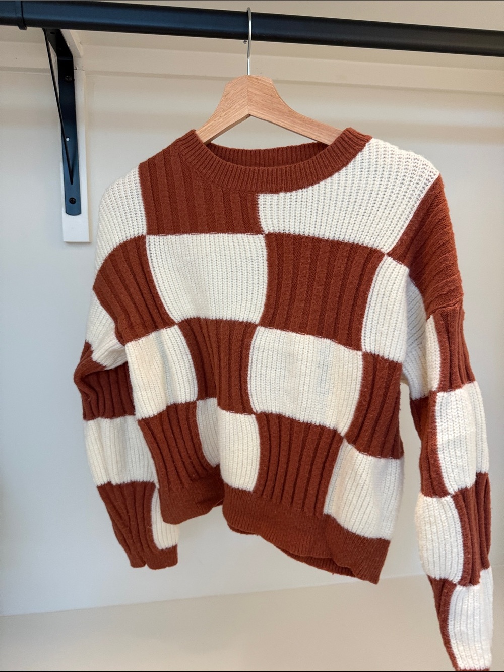 Maxine of Hollywood Rust and Cream Checker Knit Crewneck Sweater